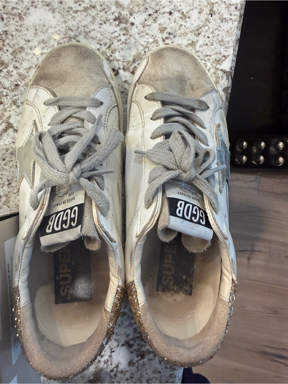 Golden Goose White Leather Sneakers with Silver Star and Gold Glitter Heel - Picture 5 of 5
